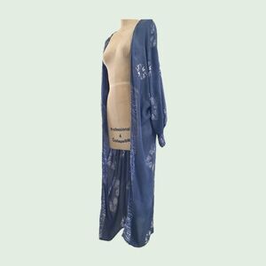 Hinge Blue Batik Print Lightweight Kimono Top Short Sleeve Cover Up S M L